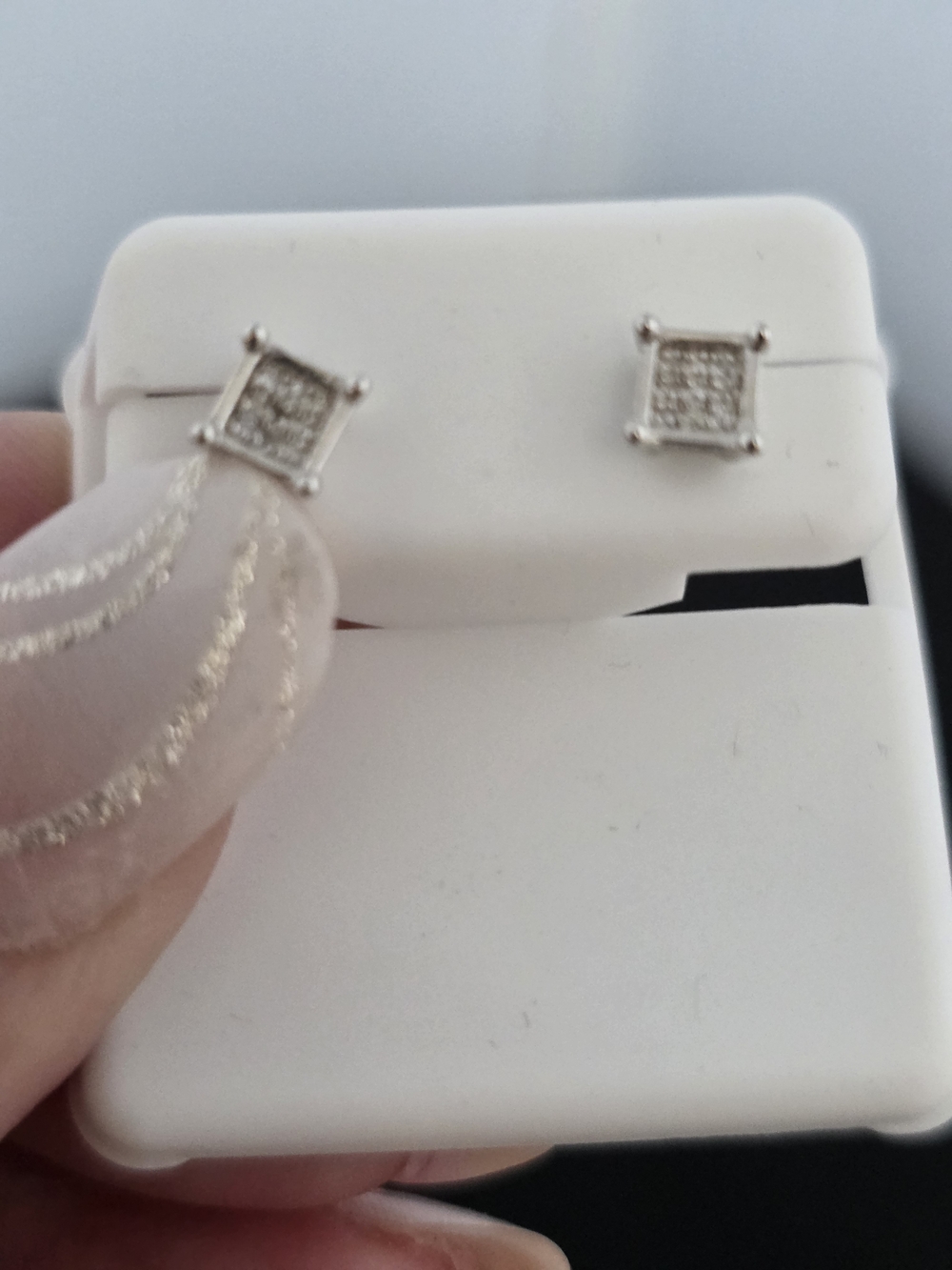 925 Sterling Silver Square Pavé Genuine Diamond Stud Earrings - White